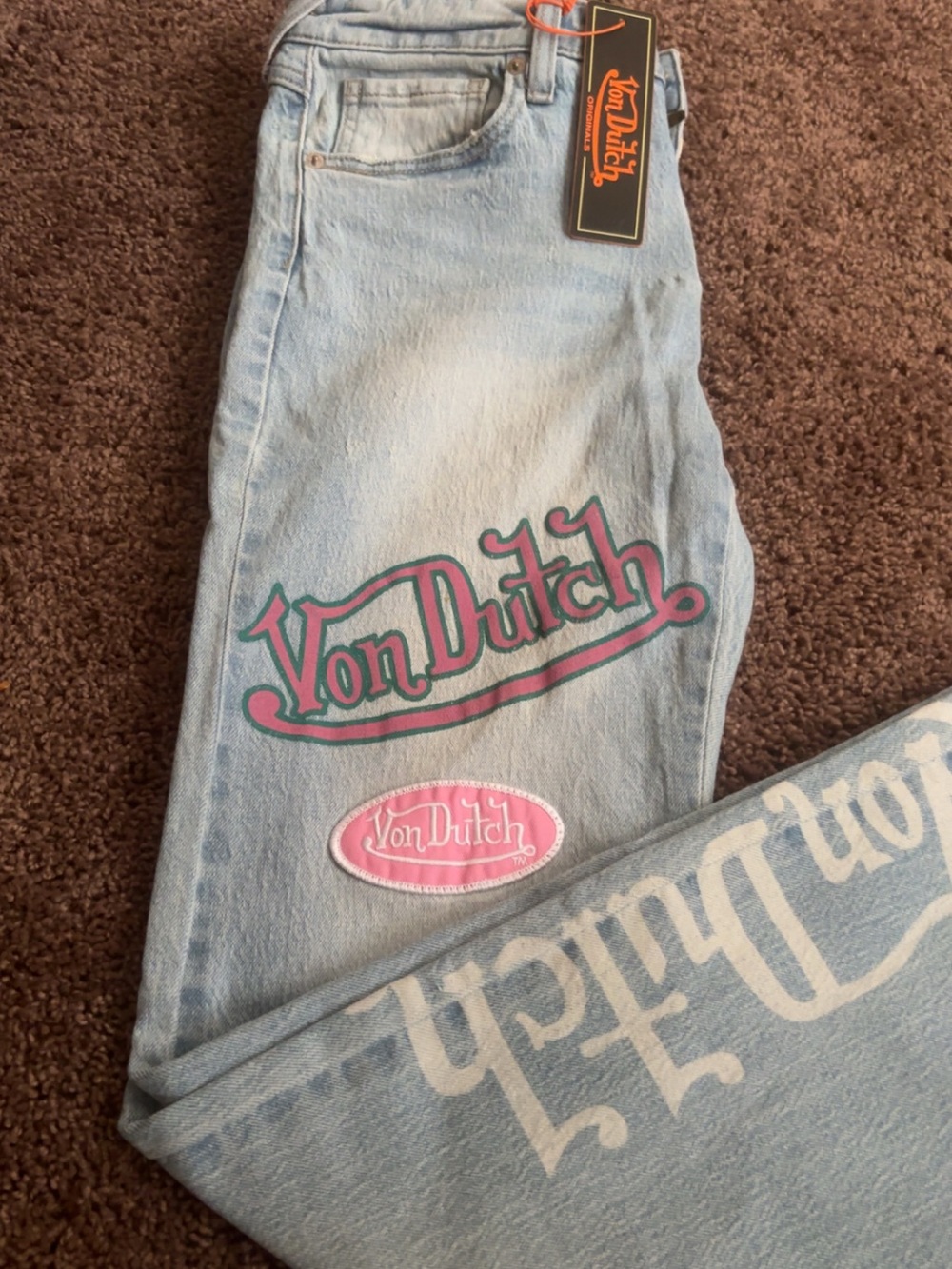 Von Dutch Light Blue Jeans with Pink & Green Logo Accents